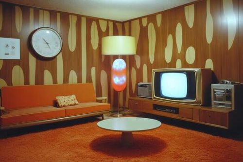 Living room interior design showcasing 1970s style with retro furniture and orange shag carpet photo