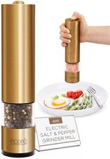 Eparé Brass Salt and Pepper Mill - Battery Operated Gold Pepper Grinder with Ceramic Burr - Automatic Steel Peppermills With LED Light - Gold or Brass Color