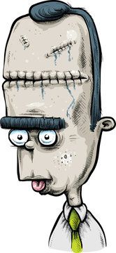 A cartoon man with stitched scars on his head from a lobotomy that has left him in a vegetative state.
