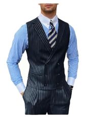 vqishne Plus Size Mens 2 Piece Pinstripe Suit Double Breasted Formal Vest Pants Set for Evening Party Banquet Dark Navy 5XL