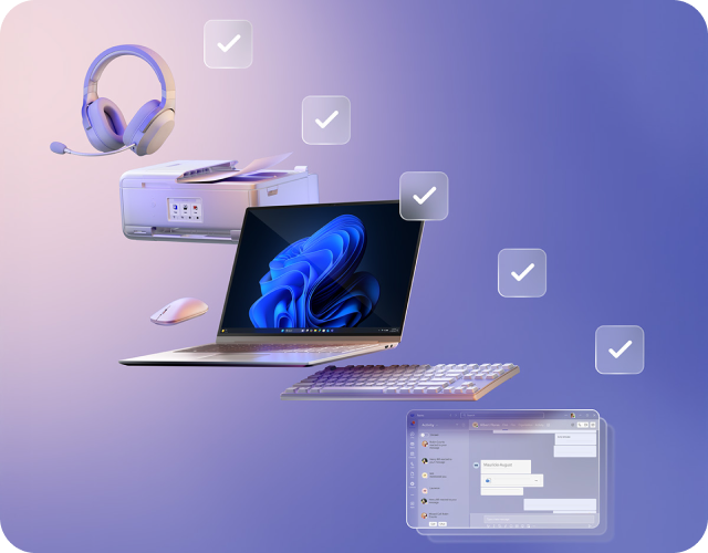 Imagen estilizada de una laptop con engranajes y marcas de verificación, que indica compatibilidad y fácil implementación.