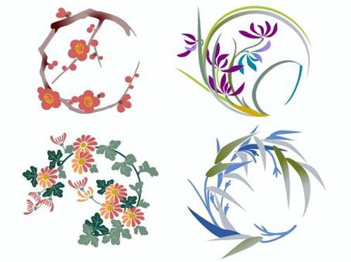 四君子　花丸文 四君子,蘭,竹,菊,梅,丸文,吉祥,四季,春夏秋冬,和柄のイラスト素材