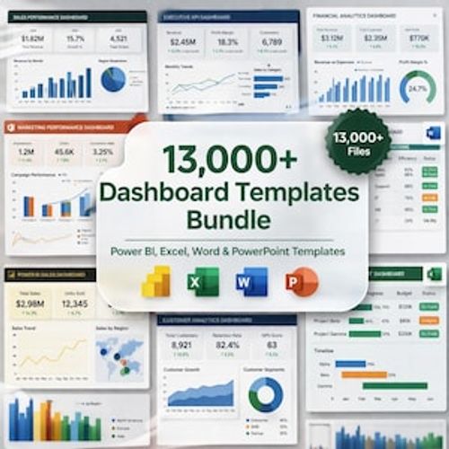 May include: A bundle of over 13,000 dashboard templates for Power BI, Excel, Word, and PowerPoint. The image displays various data visualizations, charts, and graphs, including sales performance, financial analytics, and marketing performance dashboards. The bundle includes a variety of files.