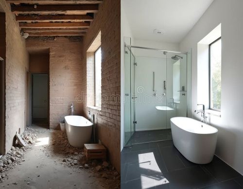 Bathroom remodel transformation before after photos. Old brick walls dilapidated. Modern bathroom interior design with shower, new tile, vanity. Home renovation, improvement. Bathroom remodel stock images, royalty-free photos and pictures
