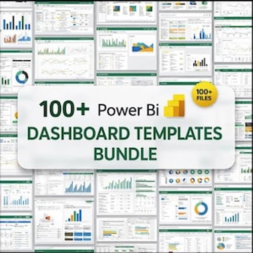 May include: A collection of Power BI dashboard templates. The image features numerous data visualization examples with charts, graphs, and tables. The text on the image reads "100+ Power BI DASHBOARD TEMPLATES BUNDLE" with a "100+ FILES" badge.