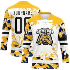 Personalized Yellow Black and White Hockey Jerseys Printed/Stitched Logo Name, Custom Camouflage Pattern Hockey Practice Shirts for Women Men Youth Boys Girls, Design Your Own Sports Team Uniforms