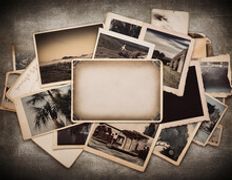 Empty Photo Paper With Vintage Photo Collage On Retro Texture And Grunge Background. Copy Space. For Your Design