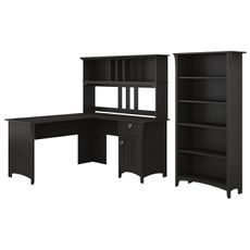 Bush Home Salinas 60W L Shaped Desk with Hutch and 5 Shelf Bookcase in Vintage Black