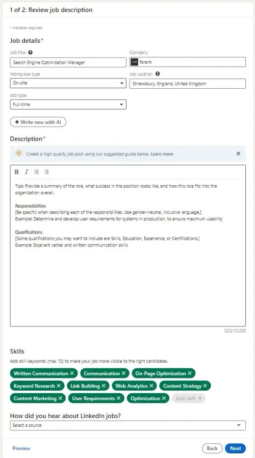 web form design: linkedin’s job posting form is a great example of web form tip to use the correct field. as pictured, it shows different types of fields.