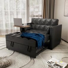weselon Leather Convertible 3 in 1 Sleeper Sofa Bed, Small Upholstered Loveseat Pull Out Couch, Multi-Functional Sleeper Futon with Hidden Table and Adjustable Backrest for Living Room (Black)