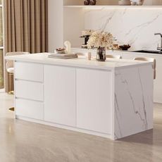 homary 72" Kitchen Island with Storage & Wine Rack, Marble-Pattern Veneered Top, White Engineered Wood Kitchen Cabinet, Without Bar Stools