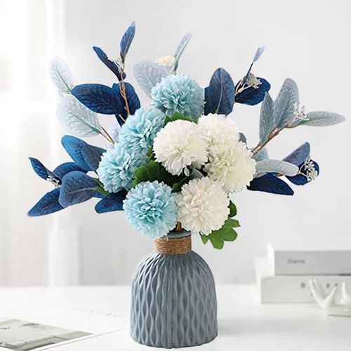 LADADA Blue Artificial Flower Bouquet in Ceramic Vase, White and Blue Ball Chrysanthemum with Eucalyptus, Minimalist Desk ...