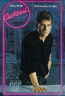 Tom Cruise (as Brian Flanagan) stands behind the bar counter with his right hand on it. Three empty glasses are placed on the counter facing down. The film's logo is written in pink neon colors around a circle with the film's tagline reading "When he pours, he reigns."