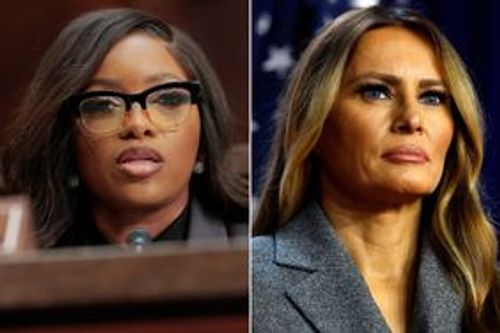 Rep. Jasmine Crockett (D-TX) speaks during a hearing with the Subcommittee on Delivering On Government Efficiency in the U.S. Capitol on February 26, 2025 in Washington, DC. ; Former first lady Melania Trump looks on during an election night event for Republican presidential nominee, former U.S. President Donald Trump at the Palm Beach Convention Center on November 06, 2024 in West Palm Beach, Florida.