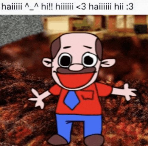 a cartoon of a man with a mustache standing in front of a pile of meat