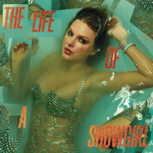 Taylor Swift lying in a bathtub in a bedazzled dress with her face half-submerged in water. Fragments of images of parts of her body are scattered near the borders.