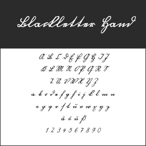 Una muestra de escritura a mano en cursiva, o "fuentes cursivas", muestra letras mayúsculas y minúsculas en dos estilos, junto con los números del 0 al 9, ä, ö, ü y ß, todos sobre un fondo blanco.