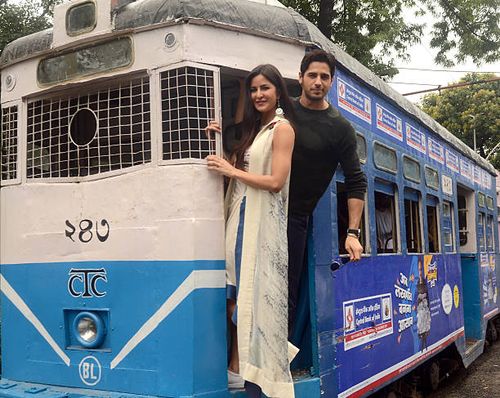 Bollywood actors Sidharth Malhotra and Katrina Kaif take a tram ride during the promotion of upcoming movie "Baar Baar Dekho" on August 31, 2016 in...