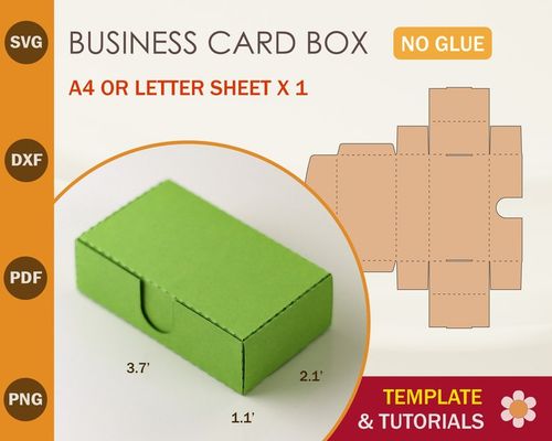 May include: A green business card box template with dimensions of 3.7 inches by 2.1 inches by 1.1 inches. The template is for a single business card box and is designed to be printed on a standard A4 or letter sheet of paper. The template includes a fold line and a cut line for easy assembly. The template is labeled "BUSINESS CARD BOX" and "NO GLUE".
