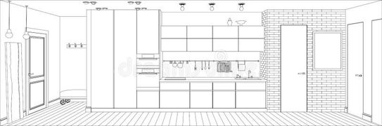 Line sketch drawing of the interior kitchen. Vector perspective illustration. Modern kitchen drawing vectors