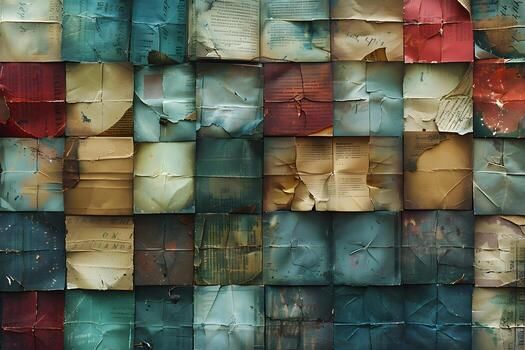 Wall of old papers with torn edges and worn-out corners photo