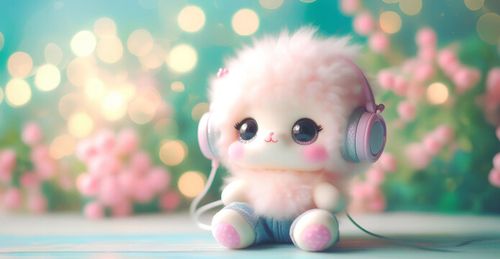 A cute doll sits and listens to music amidst flowers in the bokeh background. copy space