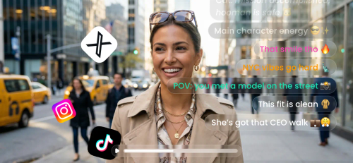 博主风格视频，带有TikTok和Instagram界面覆盖，展示病毒式AI特效。