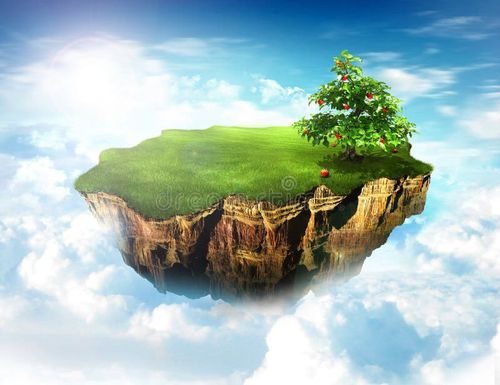 Heaven island with apple tree flying over the clouds. Land picture stock images, royalty-free photos and pictures