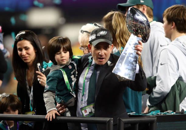 Philadelphia Eagles General Manager Howie Roseman holds the Lombardi Trophy after defeating the New England Patriots 41-33 in Super Bowl LII at U.S....
