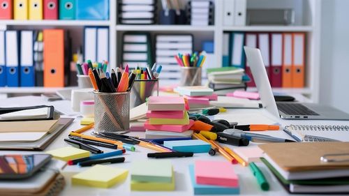 Photo workspace with office supplies