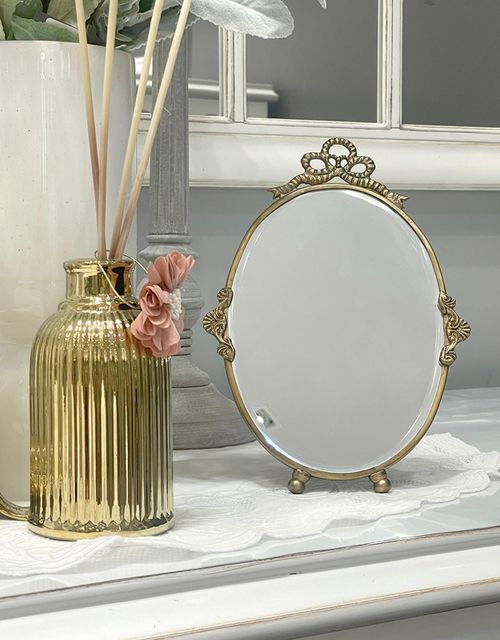 Vintage Oval Table Mirror – Decorative Antique Gold Standing Vanity Mirror with Metal Frame, 22cm Tall – Retro Makeup or Desk Mirror for Bedroom, Bathroom, or Living Room