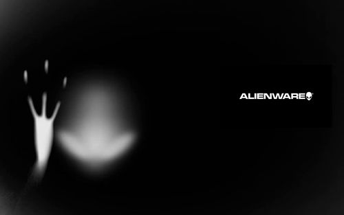 alienware logo on black and white background with hand in dark area below the word'alienware '