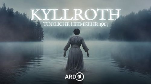 Illustration Podcast Kyllroth: Eine Frau mit langem, grauen Kleid läuft in einen nebligen See.