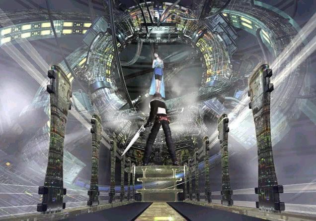 Squall à la rescousse de Linoa, dans une composition visuelle résumant l'intégralité de Final Fantasy VIII : l'antique et le futuriste.