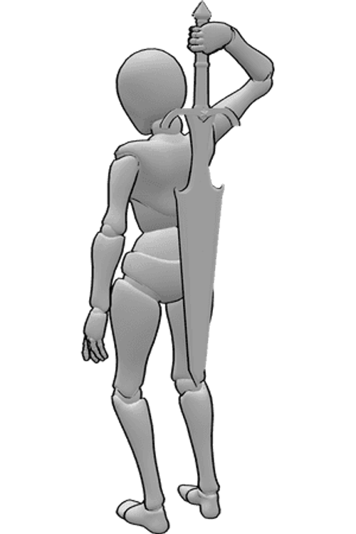 Pose Reference- Drawing back sword pose - Female drawing a sword from her back