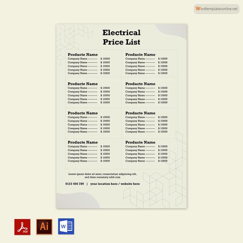 Free Electrical Price List Template 02 in Word