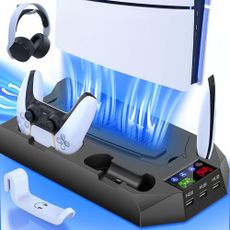 PS5/Slim/Pro Cooling Station for Playstation 5 Console Disc/Digital Edition - PS5 Slim Pro Cooling Stand with Controller Charging Station Accessories-Cooler Fan/Headset Holder/3 USB Hub, Black