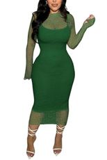 CALEBGAR Women's Elegant Bodycon Midi Dress Lace Sheer Mesh Long Sleeve Slim Fit Long Dress Party Cocktail Wedding Guest Dress Dark Green