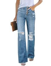 LookbookStore Womens Boot Cut Distressed Mid Rise Jeans Size 12-14 with Cut Out Flare Pants Fashion