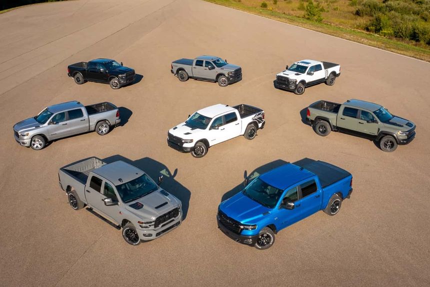Ram 1500 truck lineup featuring multiple trims and colors displayed on open lot in Southern California