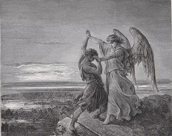 Jacob wrestling with the Angel - Original engraving from "The Dore Gallery" Edmund Ollier 1870