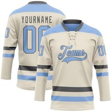 Personalized Hockey Jerseys Practice Sweaters for Men Youth Boys Women Kids Girls, Custom Cream Dark Gray Light Blue Shirts, Design Your Own Sports Team Uniforms Printed Stitched Name Number Patches