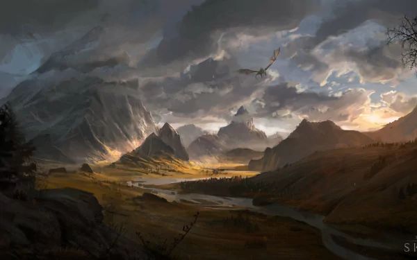 A stunning HD desktop wallpaper depicting a dramatic landscape from The Elder Scrolls V: Skyrim, featuring mountains, a river, and a soaring dragon against a moody sky.