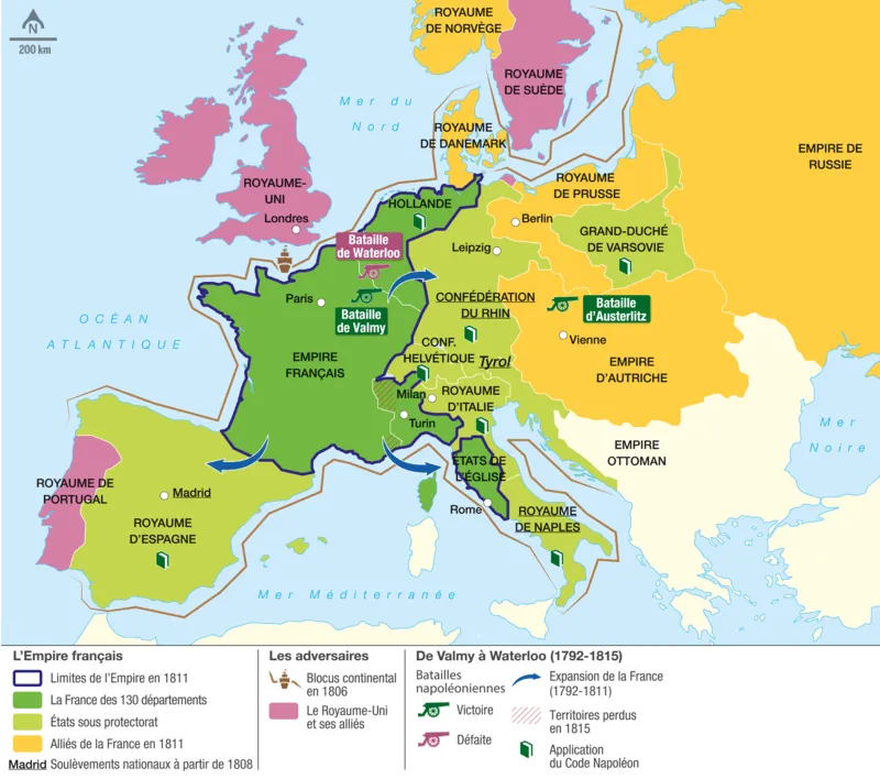 Carte de l'Europe montrant l'expansion de l'Empire français sous Napoléon (1792-1815).