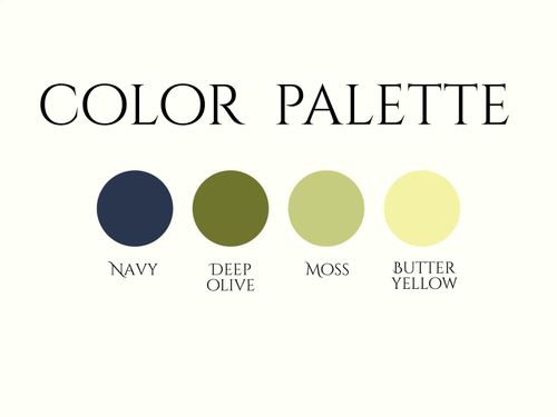 the color palette for navy, deep olive, moss, butter yellow and dark green