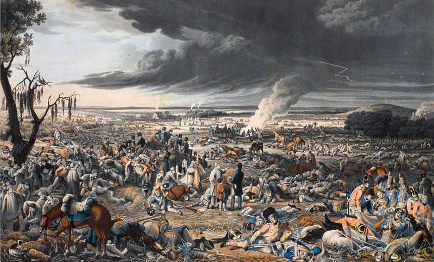 British and French forces fighting at the Battle of Waterloo