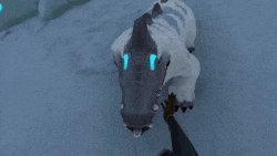 a pixelated image of a person petting a crocodile in the snow