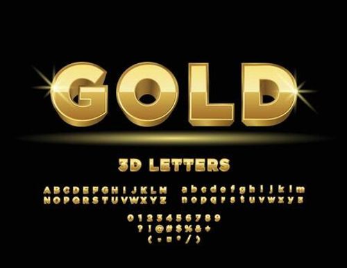 letras, números e símbolos do alfabeto de ouro 3D. fonte 3D. abc a a z alfabetos dourados letras fontes douradas fonte barra de ouro em negrito tipo de letra vetor