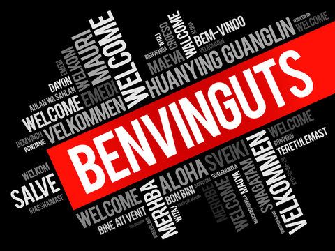 Benvinguts (Welcome in Catalan) word cloud in different languages, conceptual background