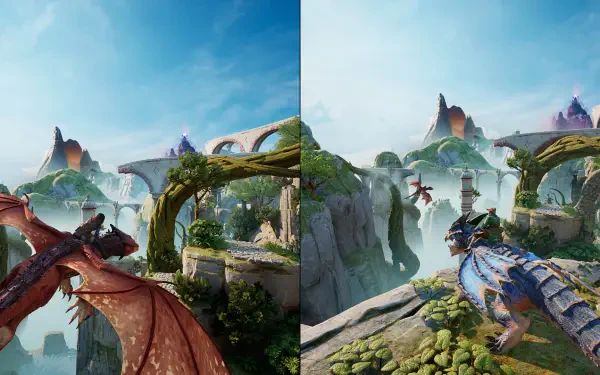 A stunning HD PC desktop wallpaper from the video game Split Fiction, showcasing a vibrant landscape with two dragons soaring over lush, mystical terrains under a clear blue sky.